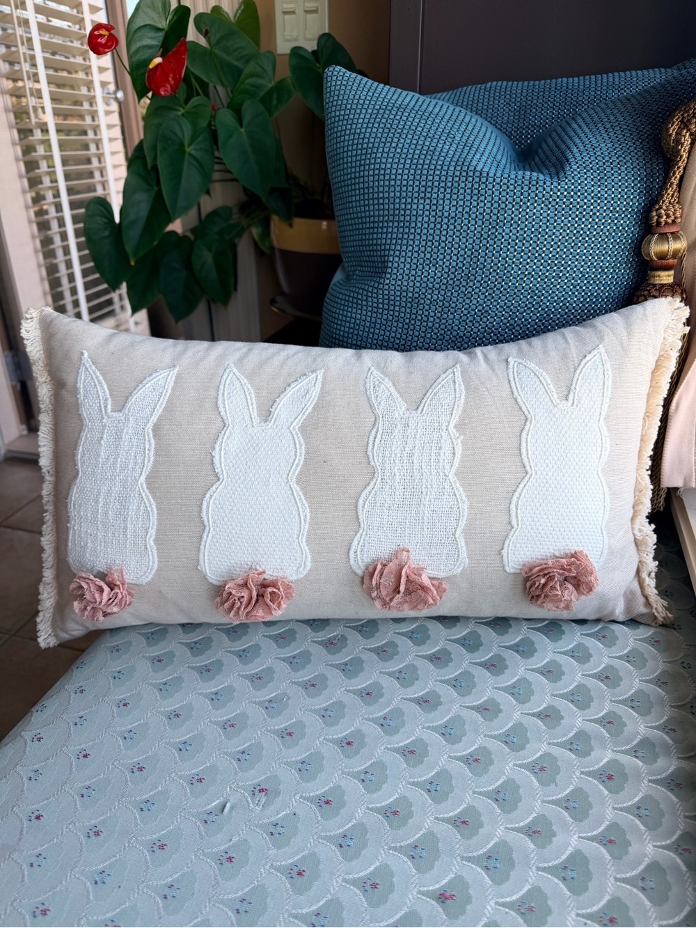 Embroidered Easter Bunny Pillow Cover Pom Pom Tail, Spring Decor